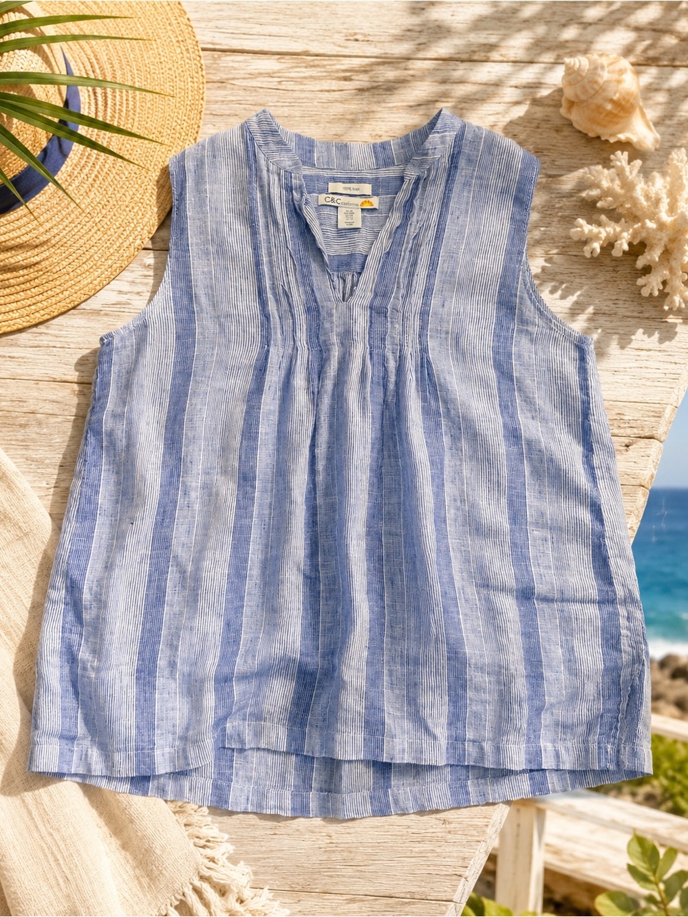 C&C California 100% Linen Striped Sleeveless Tank Top Medium